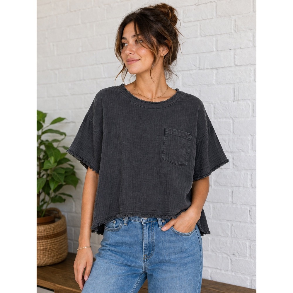 We The Free Free People Women Medium Washed Black Cotton Gauze Boxy Pocket Tee